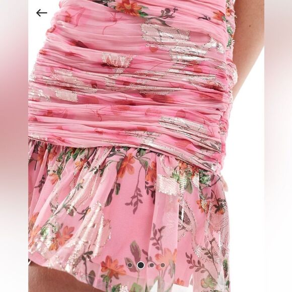 ASOS metallic Floral Pink One-Shoulder Dress - Picture 2 of 4
